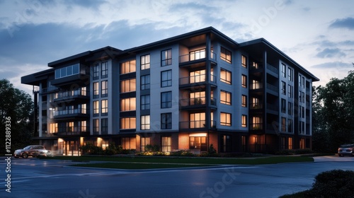 Modern apartment building at dusk, illuminated windows, landscaped grounds, street view.