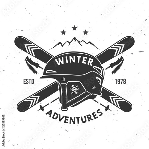 Winter adventures. Vector ski club retro badge. Concept for shirt, print, seal or stamp with skis, ski poles, helmet. Family vacation, activity or travel. For logo design, patches