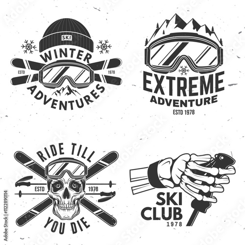 Set of ski winter sport retro badge. Vector. Concept for shirt, print, seal or stamp with ski glasses, skull, skeleton hand holding ski pole. Family vacation, activity or travel. For logo design
