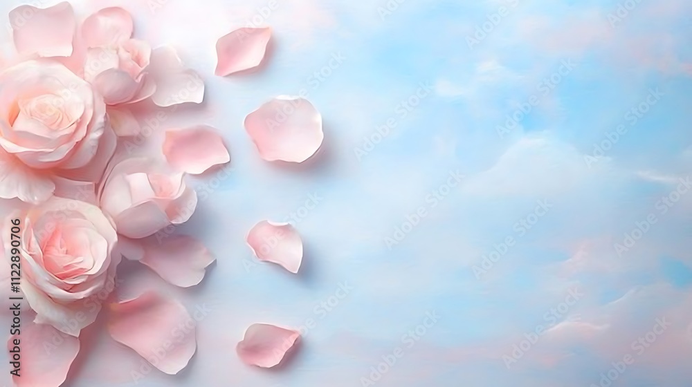 Fototapeta premium Soft blue background with delicate pink rose petals a romantic floral art concept