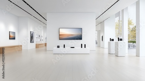A high-end flagship store interior showcasing a new tech product launch. The store features sleek white display stands with minimalist product descriptions on digital screens. Customers interact 