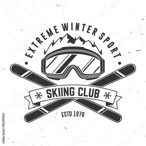 Extreme winter sport. Vector ski club retro badge. Concept for shirt, print, seal or stamp with mountain, ski, ski glasses. Family vacation, activity or travel. For logo design, patches