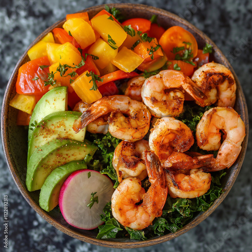 Paleo shrimp avocado bowl with fresh veggies  photo