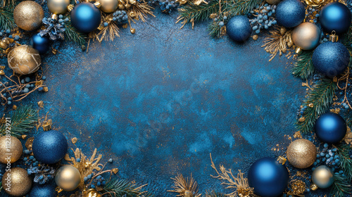 Blue and gold Christmas tree toys on a dark blue background, Christmas tree, festive atmosphere, free space for text