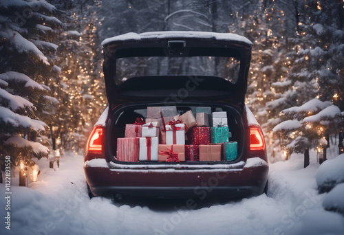 Open car trunk filled with wrapped Christmas presents parked in a snowy forest decorated with festiv photo