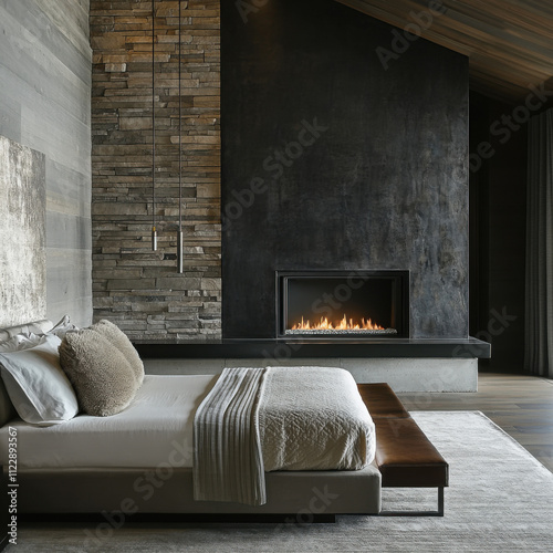 hyper realistic photo, mountain contemporary bedroom, fireplace with dry stack cut stone, metal firepalce accent photo