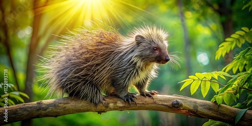 A Porcupine's Adventure: Climbing High Among the Trees in a Lush Forest, Capturing the Essence of Nature's Wildlife in a Stunning Portrait Photography Setting photo