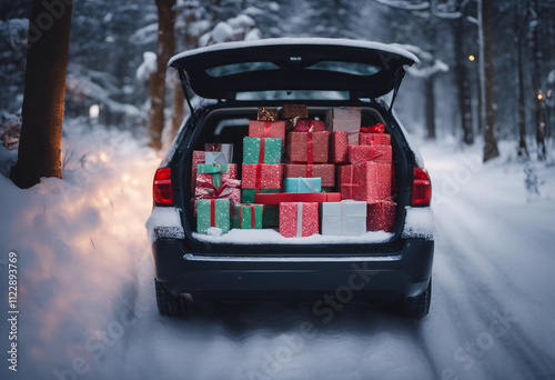 Open car trunk filled with wrapped Christmas presents parked in a snowy forest decorated with festiv photo