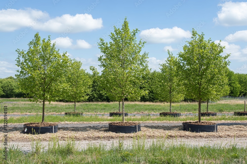 Obraz premium Young Trees Growing in Portable Containers Under Clear Blue Sky on a Sunny Day Surrounded by Green Grass and Forest in a Nursery Environment