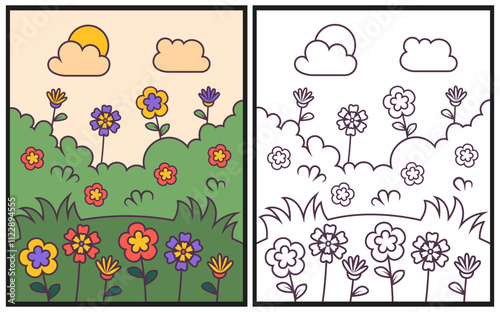 Flower in the park coloring page vector illustration