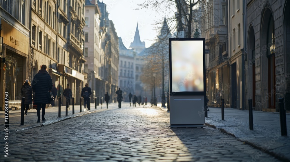 Obraz premium A vertical mockup banner on a city street with a cobblestone background, ideal for urban advertising