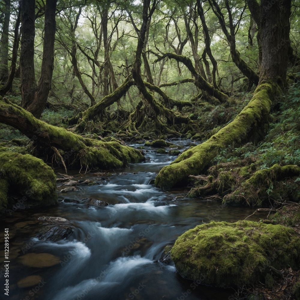 Obraz premium A hidden woodland stream surrounded by ancient, gnarled trees.