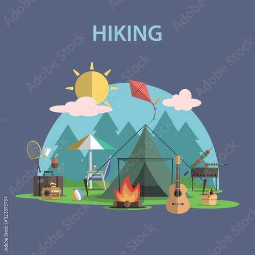 Hiking and Outdoor Recreation Concept with Flat Camping Travel Icons - Vector Illustration