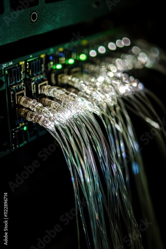 Close-Up of Illuminated Fiber Optic Cables on a Network Panel photo