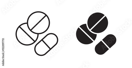 Pills outlined and solid icon vector collection.