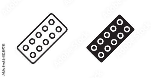 Pill blister pack outlined and solid icon vector collection.