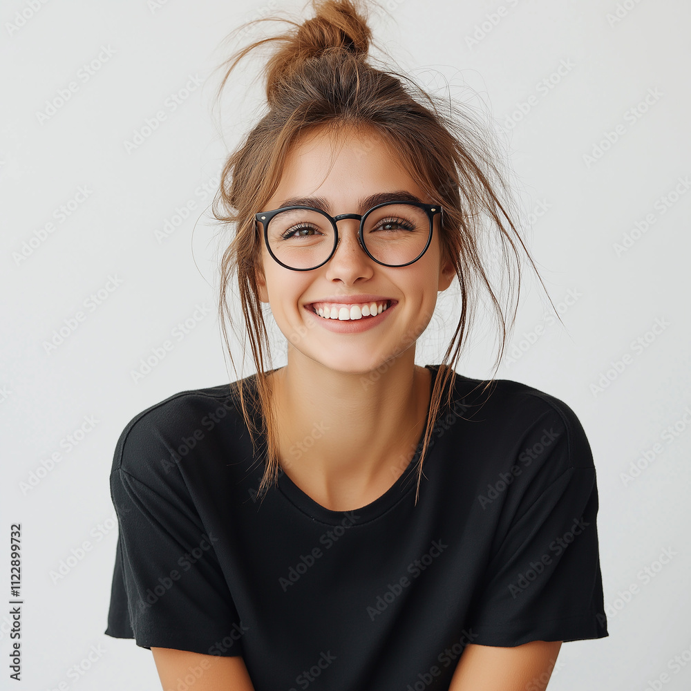 Fototapeta premium Portrait of a happy young woman wearing glasses and smiling at the camera, set against a white background. She is wearing a black t-shirt, and the lighting is natural, creating a soft color profile