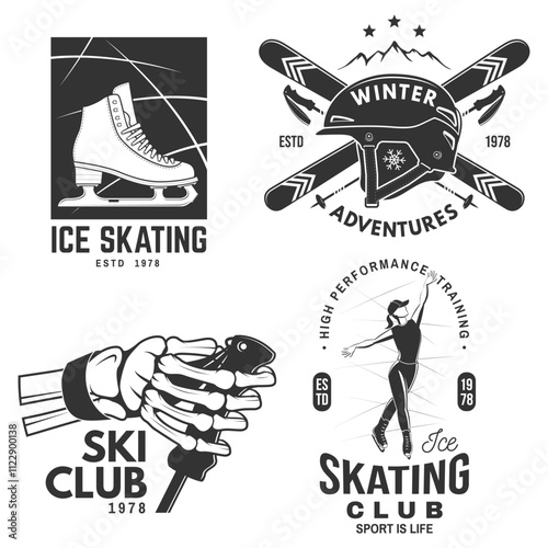 Set of ski and Ice Skate sport retro badge. Vector shirt, print, seal or stamp with ice skating, human skeleton hand holding ski pole, ski, ice skater and helmet. Family vacation, activity or travel.