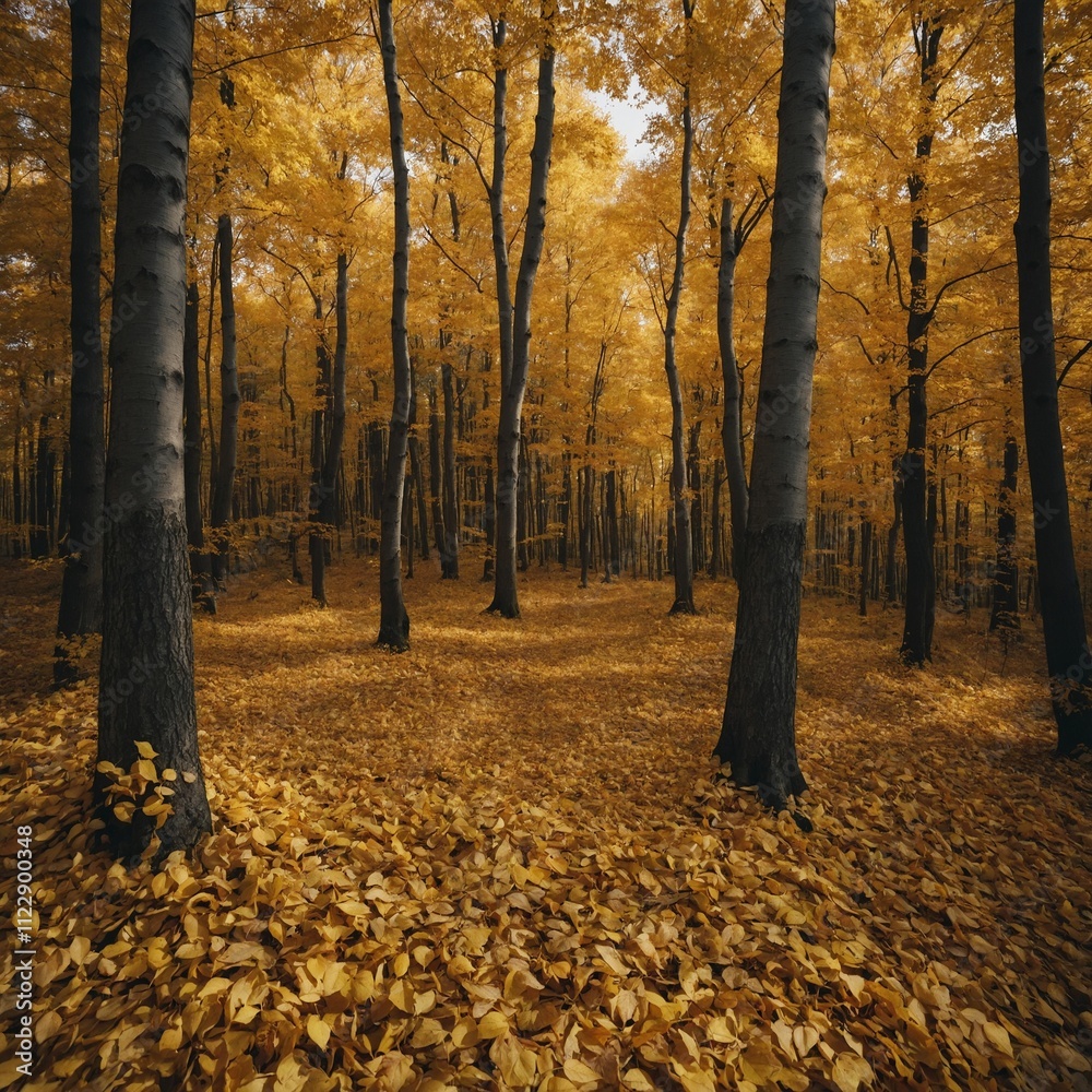 Obraz premium A golden autumn forest with leaves falling gently to the ground. 
