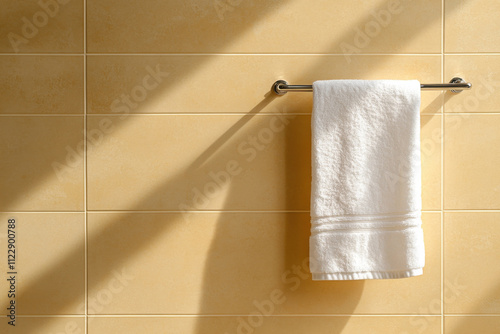 white cotton towel hangs neatly on a hook in a brightly lit bathroom. 