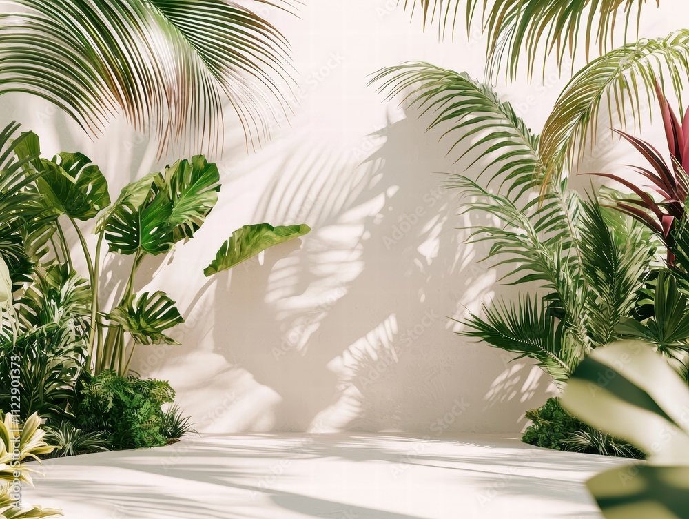 Obraz premium Lush Green Tropical Plants with Shadows on a Soft Background Surface