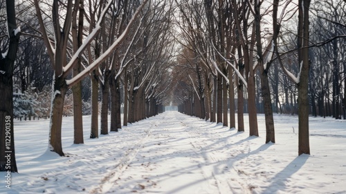 A long, snowy path lined with barren trees creates a symmetrical, serene winter scene, evoking solitude and quiet beauty. photo