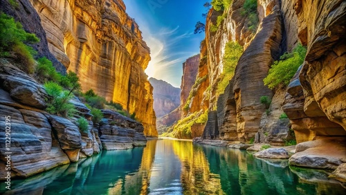 Breathtaking Architectural Photography of a Narrow Canyon Embracing a Serene River, Showcasing Nature's Splendor and Unique Geological Features for Stunning Visual Appeal photo