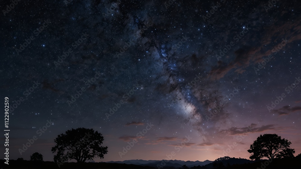 Naklejka premium 星空とシルエットの木が広がる静寂な夜の風景 | Serene Nightscape with Starry Sky and Tree Silhouettes
