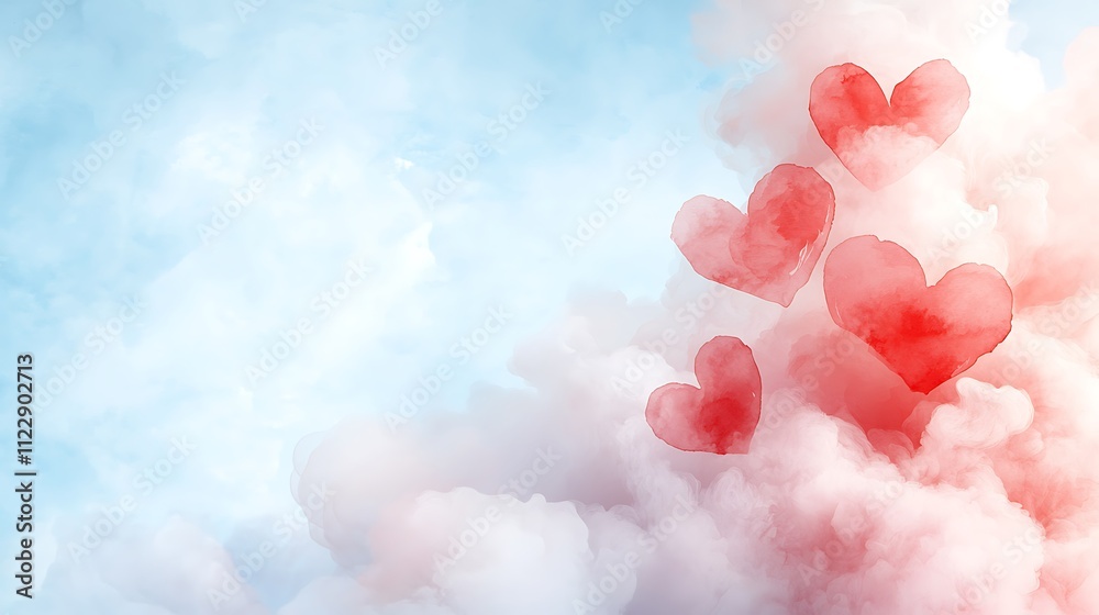 Dreamy digital artwork of romantic hearts floating in soft-toned clouds above a serene sky Dreamy digital artwork of romantic hearts floating in soft-toned clouds above a serene sky