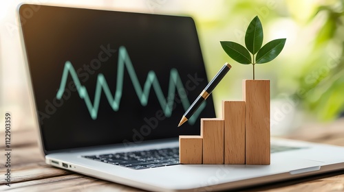 A laptop displaying a fluctuating graph sits on a wooden desk next to a small plant growing out of a set of ascending wooden blocks, with a pen leaning against the blocks, symbolizing growth and prog photo