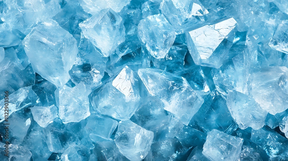 Obraz premium A glimmering crystal texture with sharp, reflective facets in shades of light blue and clear, giving the appearance of a diamond-like clarity