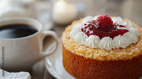 A close-up of a magnificent Runeberg Torte, a tall cylindrical almond cake with a moist, golden-brown crumb. The cake is topped with a glossy dollop of vibrant raspberry jam encircled  photo