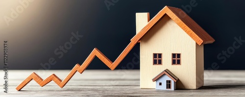 A small house model with an upward trending graph, symbolizing growth and stability in the real estate market against a dark background.