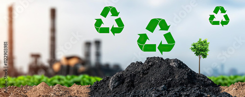 A representation of recycling, featuring green symbols overlaid on soil and plants, illustrating environmental sustainability and eco-friendliness.