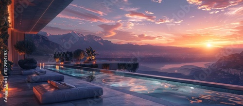 Breathtaking sunset view from the terrace of a luxurious villa with an infinity pool overlooking a serene mountain landscape  The villa is situated in a picturesque resort location