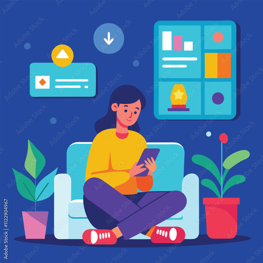 Fototapeta premium a women sitting in a living room and using phone