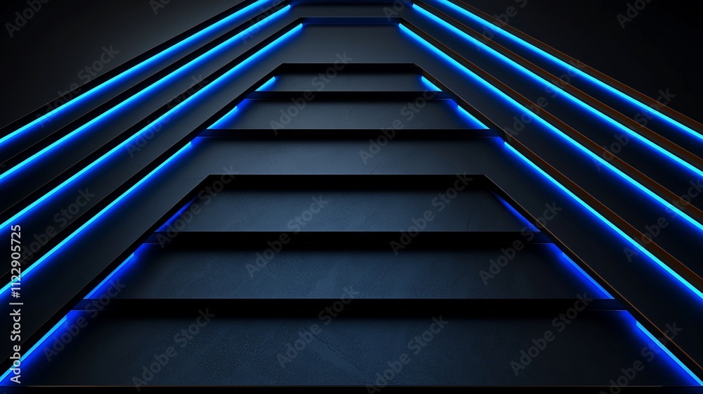 Obraz premium Abstract dark blue neon lit stairs.