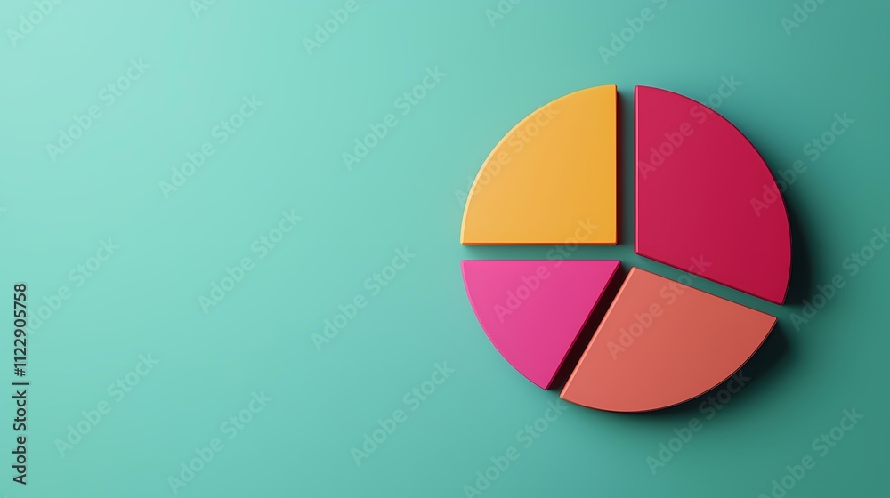 A teal background features a colorful pie chart composed of four segments in orange, red, pink, and coral. A teal background features a colorful pie chart composed of four segments in orange, red, pink, and coral.