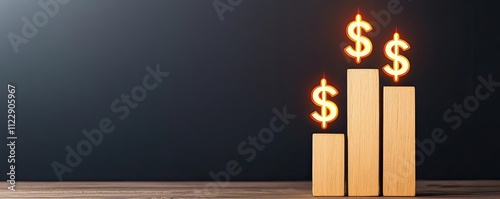 Growth and success represented by wooden blocks with glowing dollar signs, indicating increasing profits against a dark background.