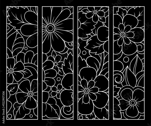 Printable bookmark for book - coloring. Set of black and white labels with flower patterns, hand draw in mehndi style. Sketch of ornaments for creativity of children and adults with colored pencils.