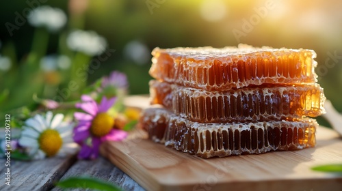 Golden Honeycomb Stacked on Wooden Board with Wildflowers photo