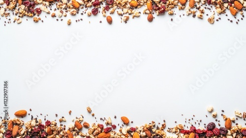 A border of nuts, seeds, and dried fruits on a blank background for healthy snack promotion.