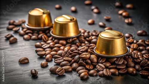 Close-Up of Golden Coffee Capsules and Roasted Beans on Black Graphite Background, High Depth of Field, Ideal for Caffeine Hot Drink Concepts with Space for Text