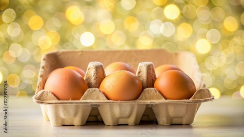 Closed Box with Six Eggs Isolated on White Background, Bokeh Effect, Perfect for Carton Pack or Egg Container Mockup, Ideal for Food Photography and Packaging Design photo