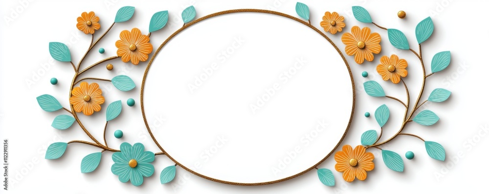 Fototapeta premium A colorful floral frame featuring orange and teal flowers, complemented by green leaves, designed for adding custom text or images.