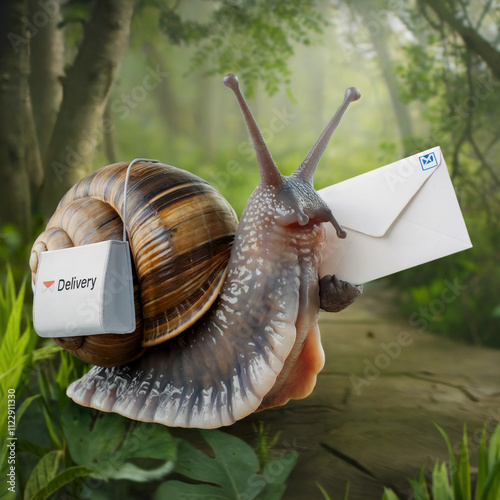 Waiting for the ground letter mail and package arrival  concept being slowly delivered by a snails pace illustration cute animal photo
