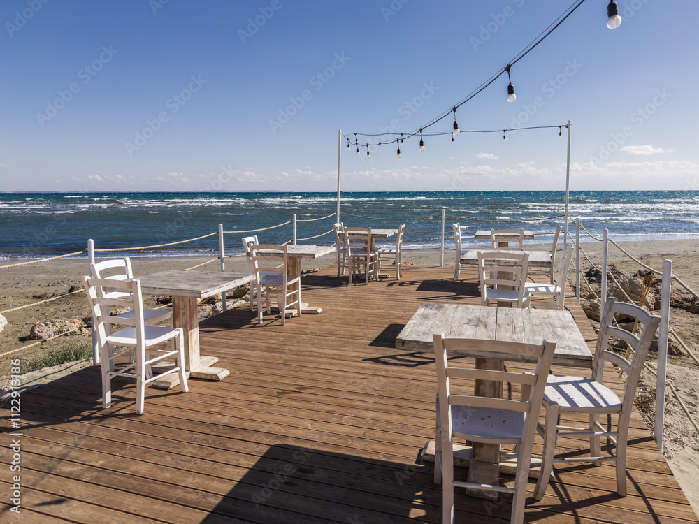 Beachfront Cafe and Palm Trees