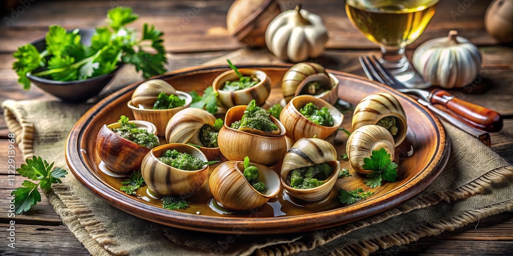 Fototapeta premium Deliciously Prepared Escargots de Bourgogne with Garlic Herb Butter on a Gourmet Plate Ready to Serve, Perfect for Fine Dining or Elegant Gatherings