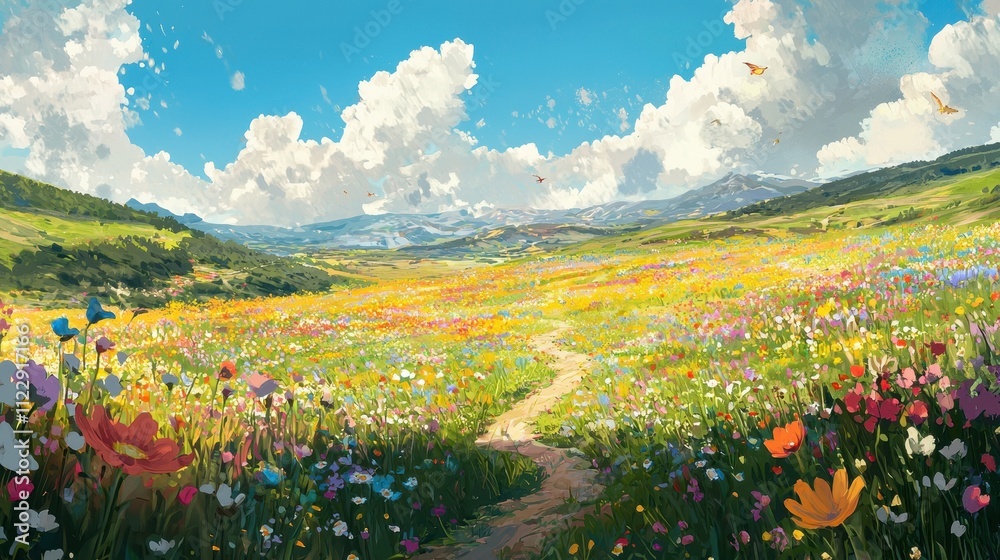 Fototapeta premium Endless Field of Vibrant Flowers Under a Bright Blue Sky with Gentle Clouds and a Serene Pathway
