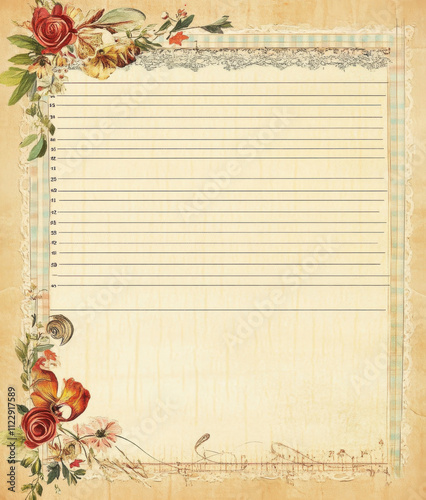 vintage style blank recipe sheet with floral decorations and lines for writing. Perfect for capturing cherished recipes!